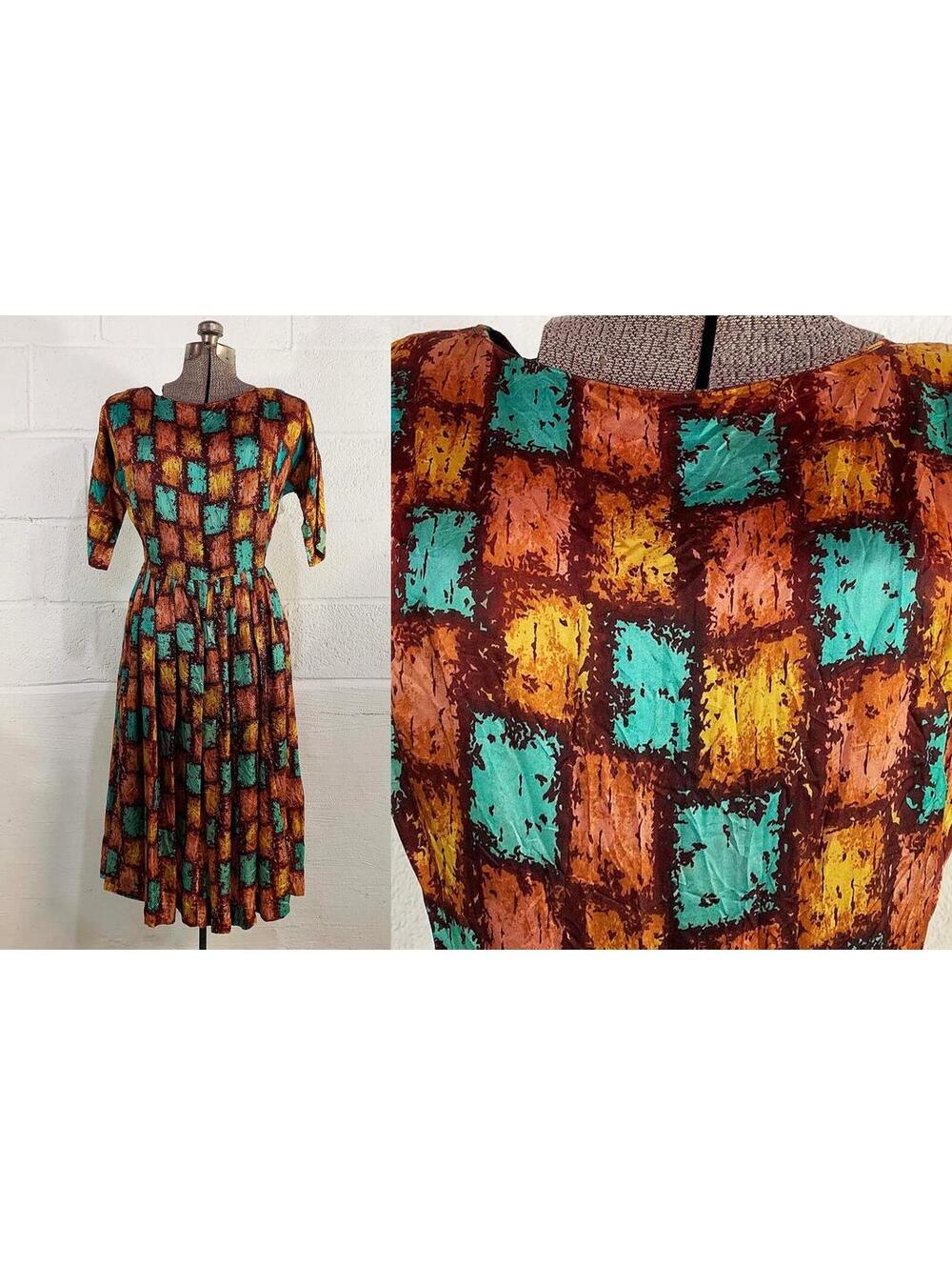 Checkered Dress Blue Green Orange Alternative Prom 1950s 1960s Wedding Small